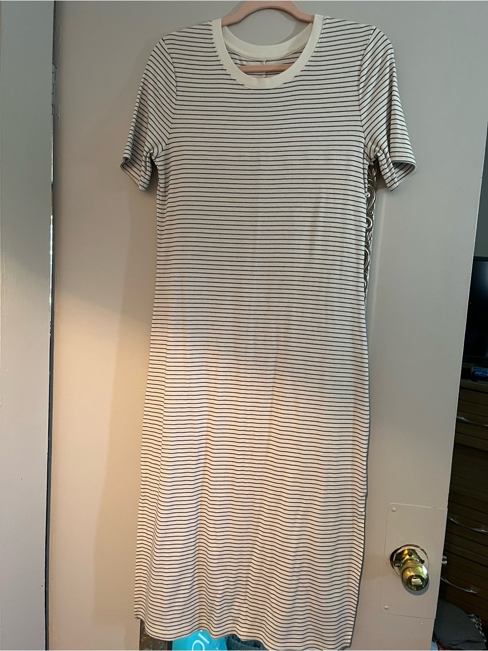 a new day Striped Crewneck Short-Sleeve Midi Dress in White and Black
